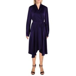 Gabby Skye Wrap Dress Satin Balloon Sleeve Belted Knee Length Eggplant Purple 16